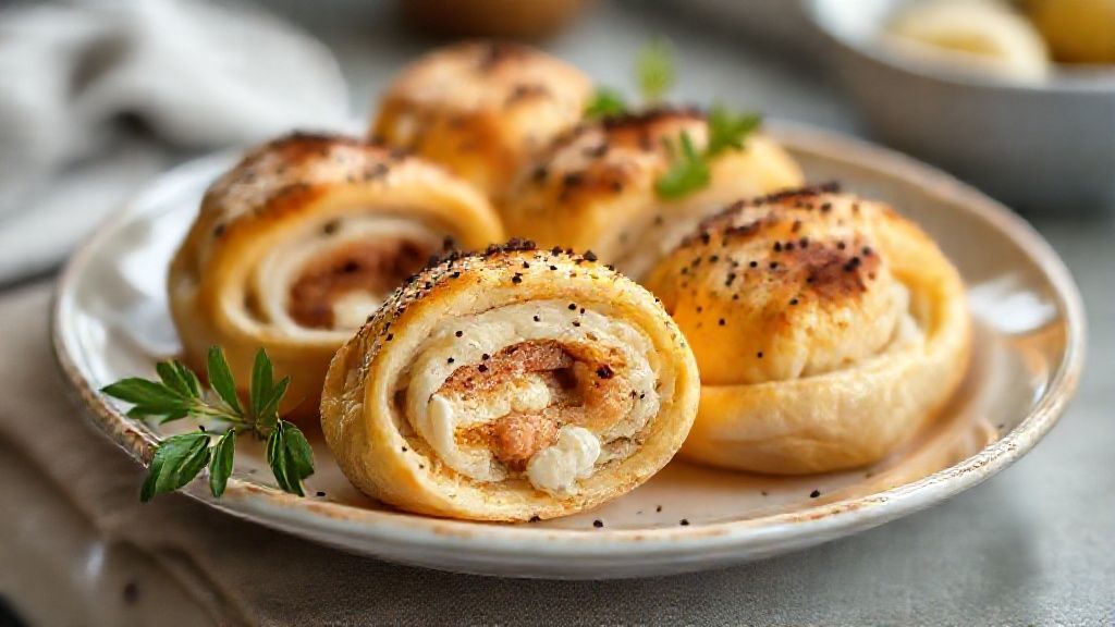 Salgado assado com recheio cremoso dourado, de massa leve e macia, servido em prato rústico