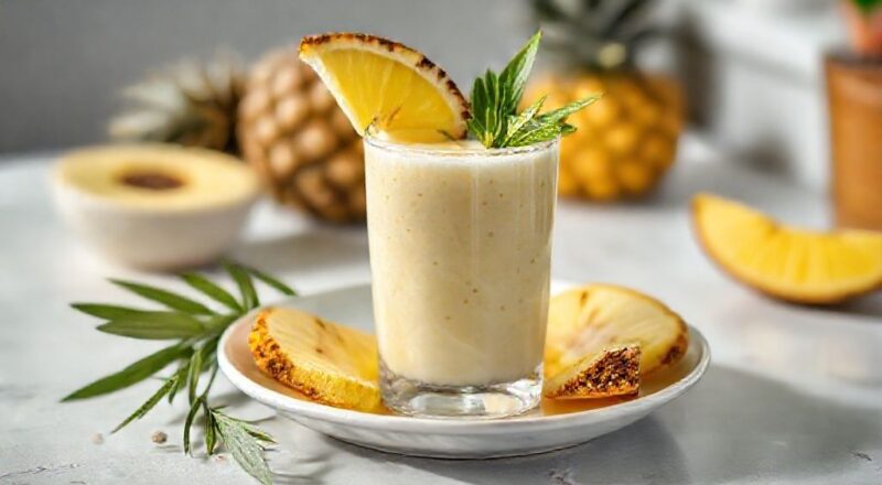 Copos altos com smoothie de abacaxi gelado, cremosos e decorados com folhas de hortelã e pedaços de fruta fresca