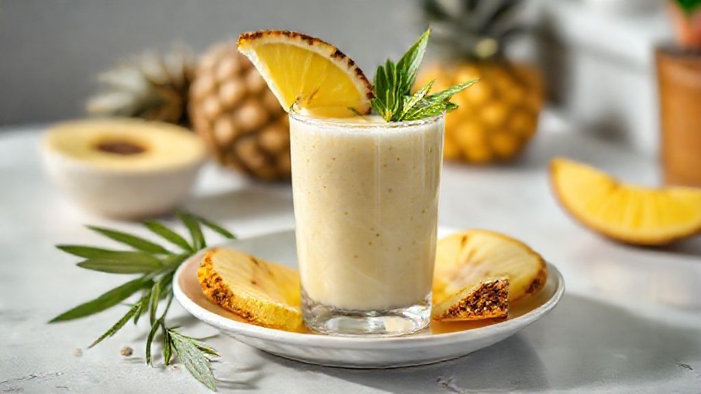 Smoothie de abacaxi gelado em copo alto, cremoso e refrescante com hortelã e gelo