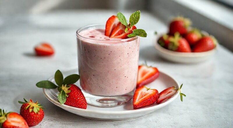 Smoothie de morango cremoso servido em copo alto, com morangos frescos e folhas de hortelã, aparência refrescante e apetitosa