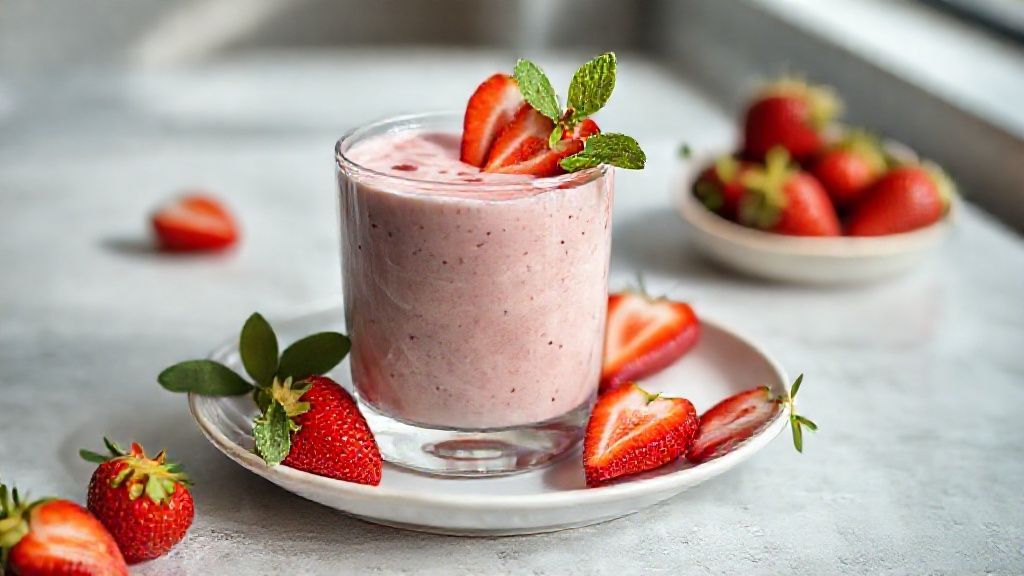 Smoothie de morango com iogurte servido em copo alto, cremoso e decorado com morangos frescos e hortelã