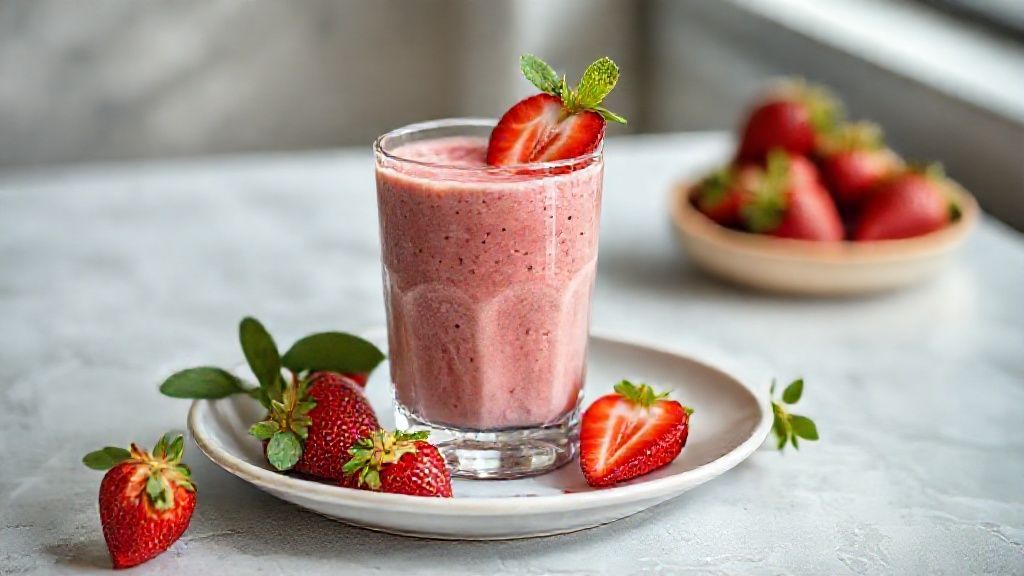 Copo alto com smoothie de morango geladinho cremoso decorado com morangos frescos e hortelã
