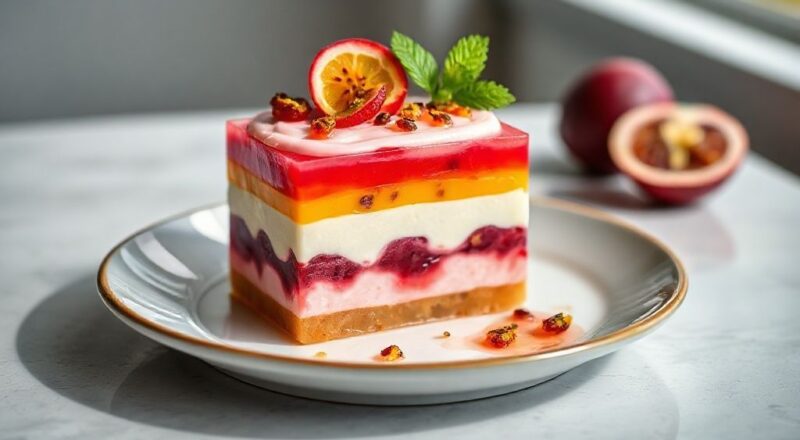 Taças de sobremesa colorida com camadas de gelatina e creme de maracujá, servidas bem geladas e decoradas com hortelã