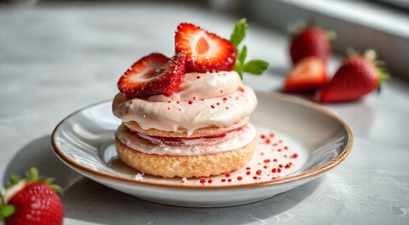 Sobremesa cremosa pronta, decorada com biscoitos de morango e textura aveludada servida em taça