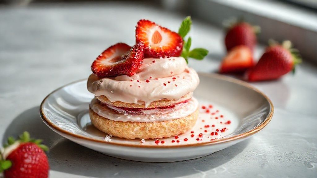 Sobremesa de 2 ingredientes cremosa com biscoito de morango servida em taça, visual apetitoso e gelado