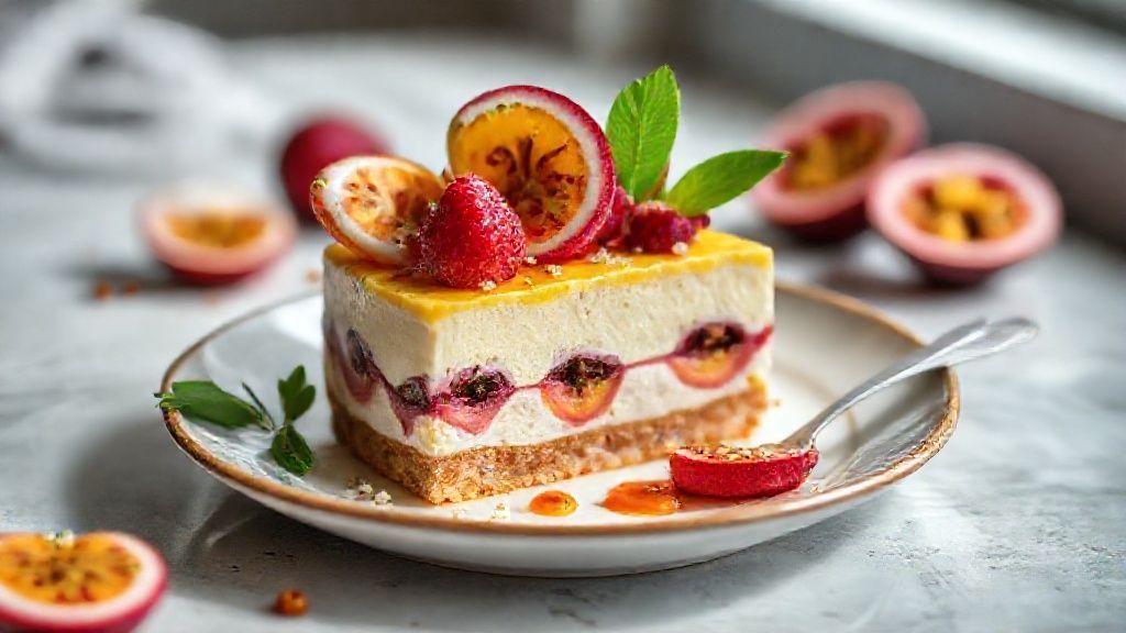 Sobremesa sem fogo de maracujá pronta em travessa, com camadas cremosas e ganache decorativa