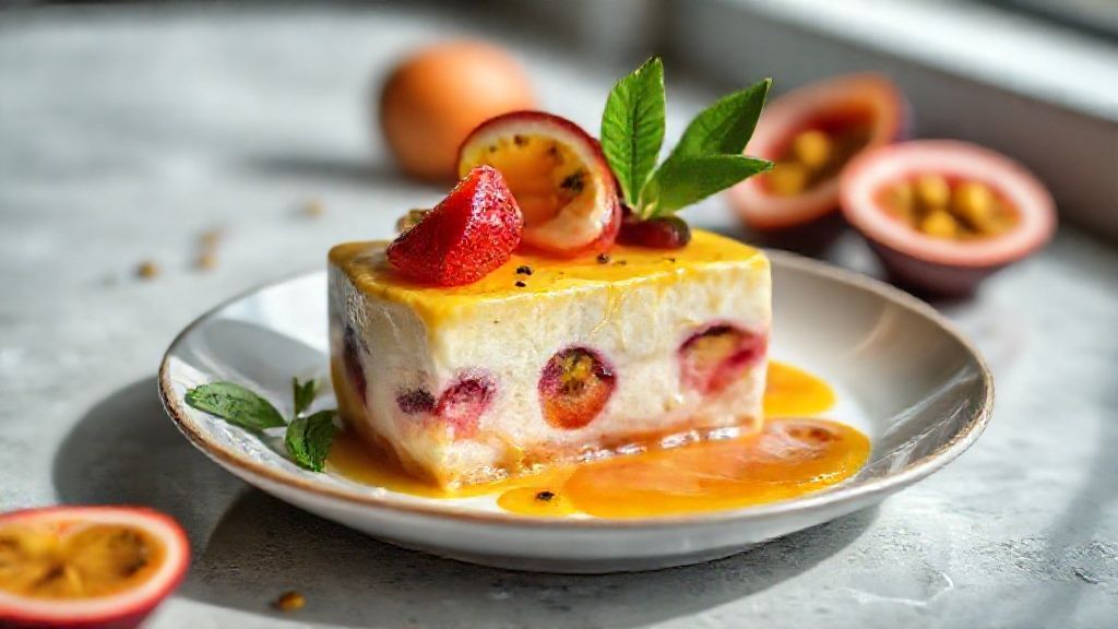 Sobremesa sem leite condensado pronta, cremosa e com sabor de maracujá, servida em taça gelada