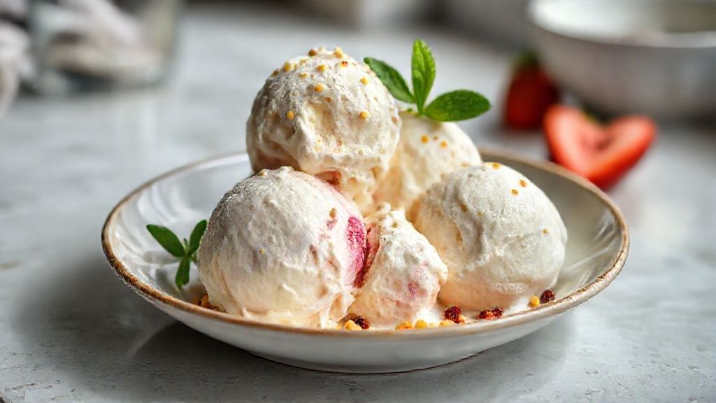 Sorvete caseiro com 3 ingredientes servido em taça, cremoso e refrescante, feito com banana e leite em pó