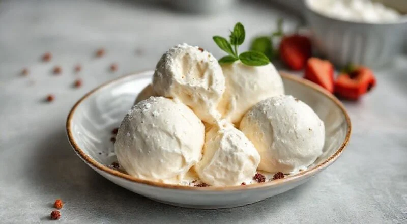 Sorvete caseiro de leite ninho cremoso servido em tigela branca, decorado com raspas de chocolate branco e polvilhado com leite em pó
