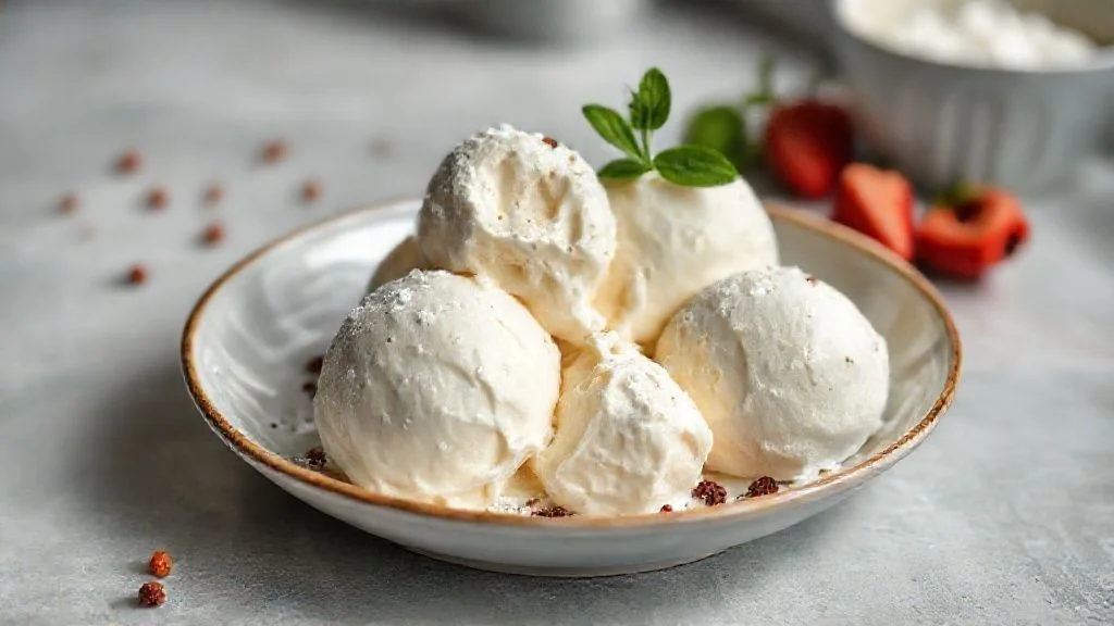 Tigela com sorvete caseiro de leite ninho cremoso, decorado com raspas de chocolate branco e leite em pó