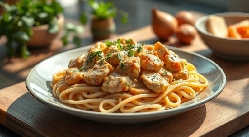 Prato de strogonoff de frango cremoso servido com arroz e batata palha, aparência suculenta e caseira