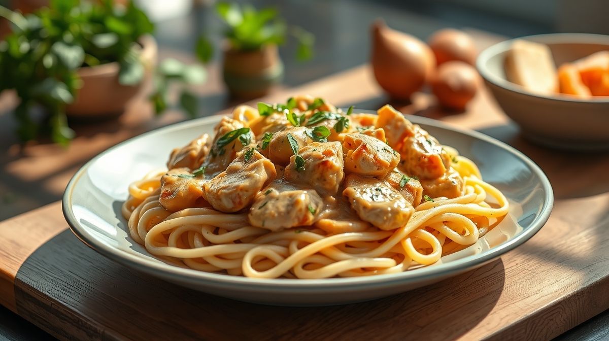 Strogonoff de frango cremoso servido com arroz branco e batata palha, prato caseiro delicioso