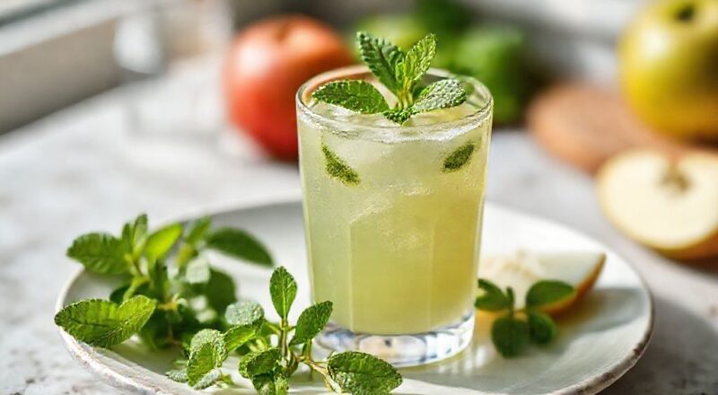 Copo de suco verde-claro, decorado com folhas de hortelã fresca e cubos de gelo, servido em superfície iluminada.