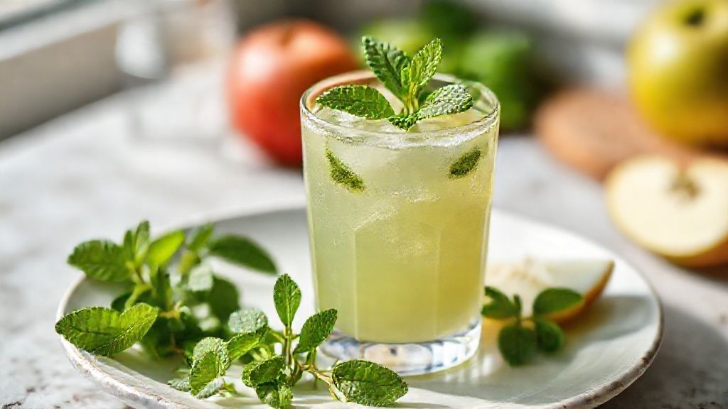 Copo de suco de maçã verde com hortelã gelado, verde-claro e refrescante, decorado com folhas frescas.