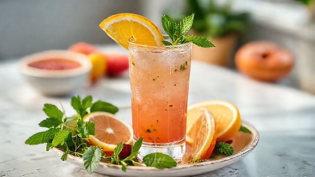 Copo de suco detox refrescante verde com gelo e fatias de abacaxi decorando, servido em ambiente iluminado