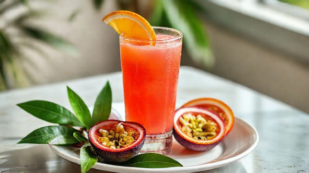 Copo alto com suco natural de maracujá gelado, decorado com hortelã e sementes da fruta