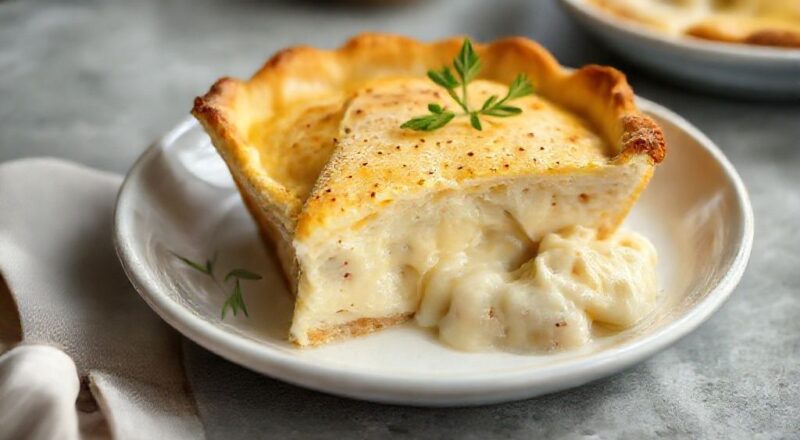 Torta dourada de palmito com recheio cremoso servida em prato elegante