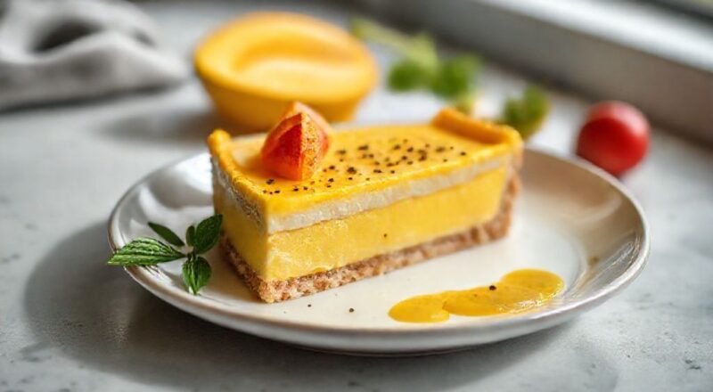 Torta de manga cremosa com base crocante e cobertura de merengue dourado, servida fria e com visual tropical.