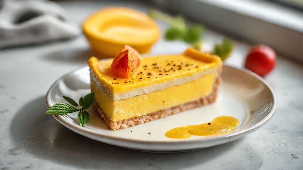 Torta de manga cremosa finalizada com merengue dourado e base crocante, servida gelada e decorada com fatias de manga fresca.
