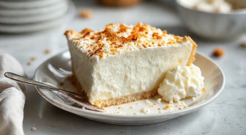 Torta dos anjos finalizada, com base dourada e recheio branco e delicado de coco, servida em prato elegante