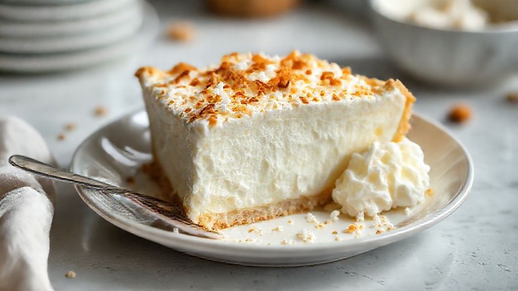 Torta dos anjos cremosa com coco sobre prato branco, decorada com flocos dourados e textura leve e aerada