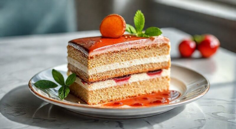 Torta supreme com camadas cremosas, ganache brilhante e tubetes na borda, apresentada em prato elegante
