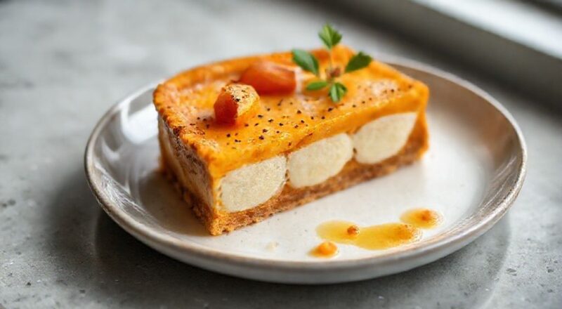 Tortinhas douradas e fofas de tapioca com batata-doce servidas em prato branco com ervas frescas.