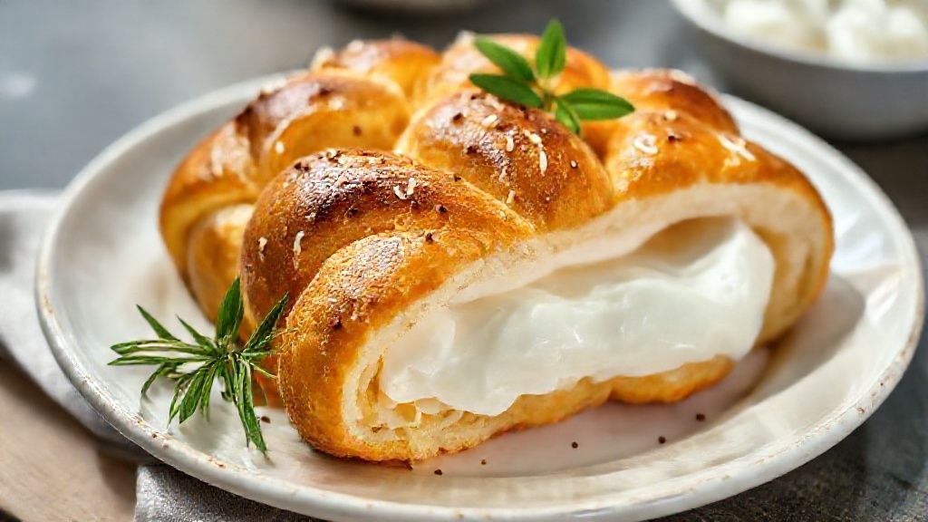 Trança doce recheada dourada e macia com creme de coco e leite condensado, servida em prato decorativo