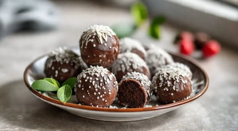 Trufas de chocolate polvilhadas com cacau, dispostas em uma bandeja elegante e apetitosas