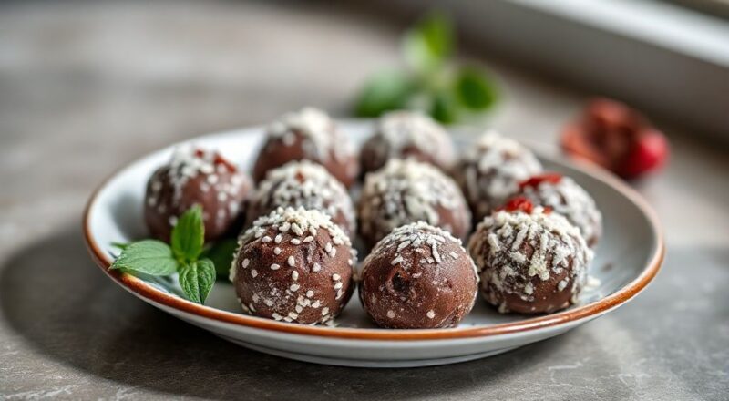 Bolinhas de trufas artesanais cobertas com cacau, dispostas em uma bandeja elegante e com aparência cremosa e apetitosa.