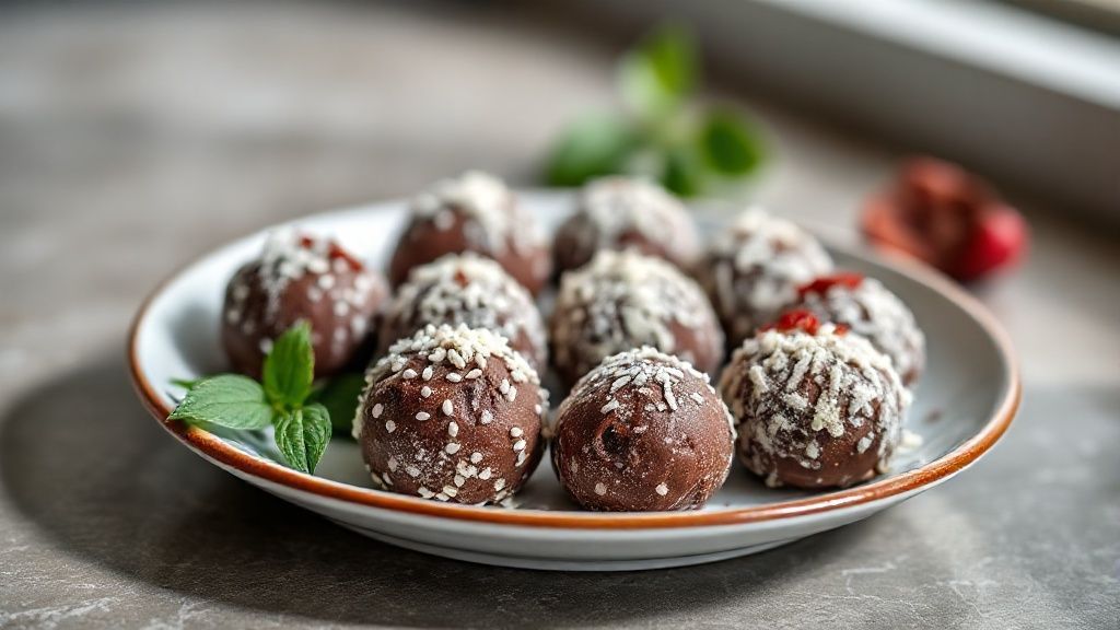 Trufas de chocolate artesanais cobertas com cacau em pó e chocolate derretido, dispostas elegantemente em prato branco.
