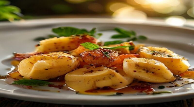 Bananas douradas com calda caramelizada e chamas delicadas, servidas com sorvete e toque de canela.