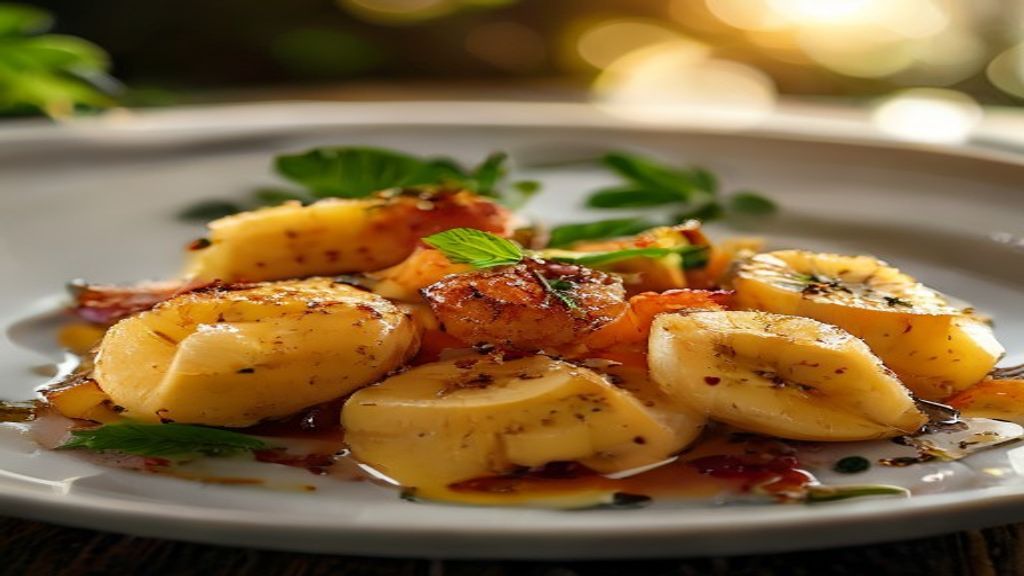 Bananas flambadas douradas servidas com calda e sorvete de creme, clássicas e aromáticas.