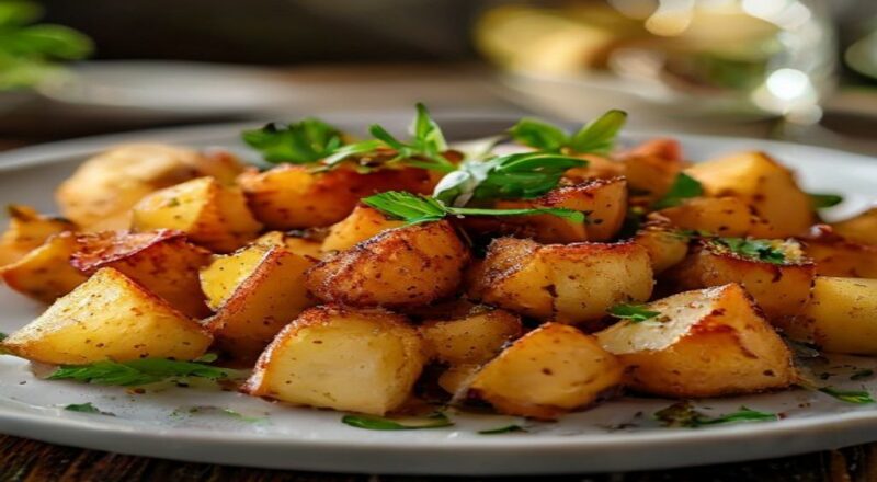 Batatas rústicas douradas e crocantes, servidas em tigela rústica, com ervas e sal grosso sobre a crosta