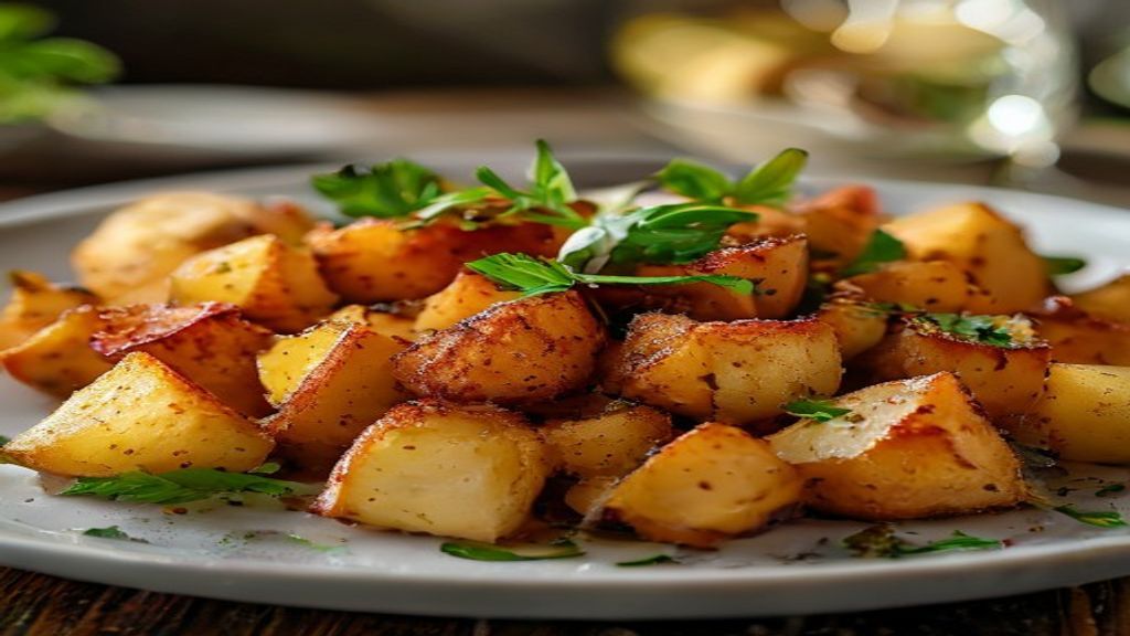 Prato com batata rústica crocante ao forno, dourada e temperada com ervas aromáticas
