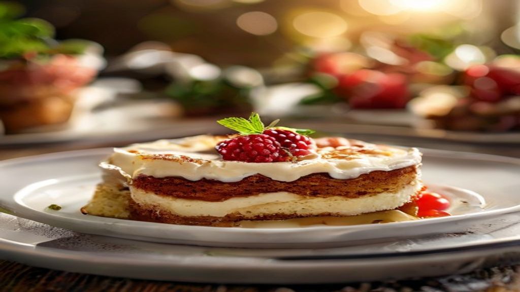 Bolo assado com recheio cremoso cortado ao meio, mostrando o interior úmido e dourado da massa