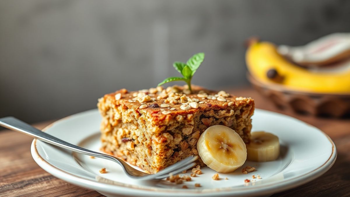 Fatia de bolo de banana com aveia sem açúcar e sem farinha, úmido e dourado, servida em prato com canela por cima