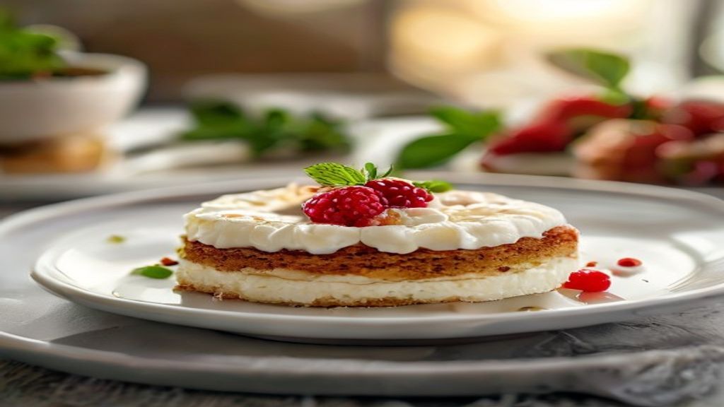 Bolo de iogurte fofinho dourado e úmido, cortado em fatias e servido em prato branco