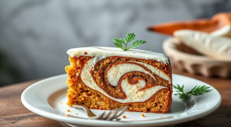 Bolo de cenoura marmorizado com chocolate, alto, úmido e com corte mostrando o mesclado perfeito