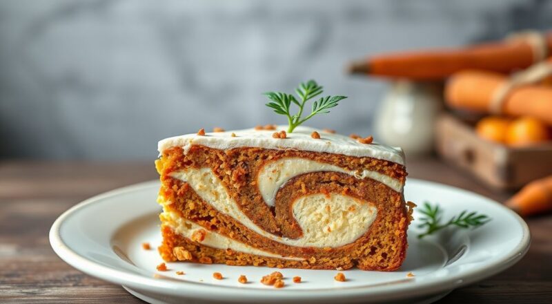 Bolo mesclado de cenoura e chocolate recém-saído do forno, macio, úmido e com lindo efeito marmorizado