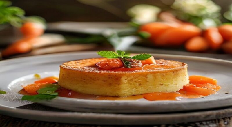 Bolo pudim de cenoura com camadas nítidas de bolo e pudim, coberto por calda de caramelo brilhante, servido em prato branco