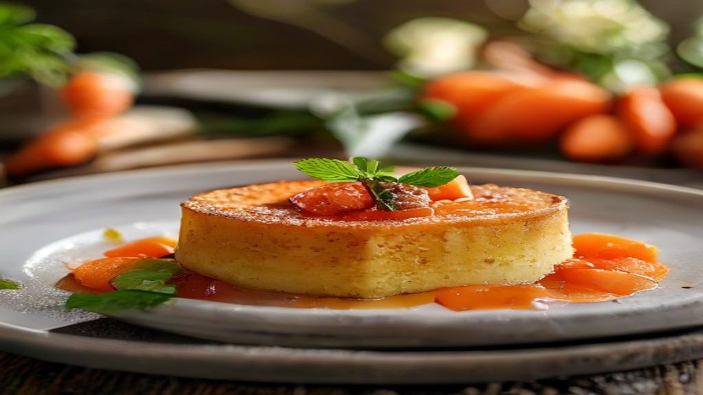 Bolo pudim de cenoura com camadas definidas e calda caramelizada brilhante, sobremesa caseira impecável