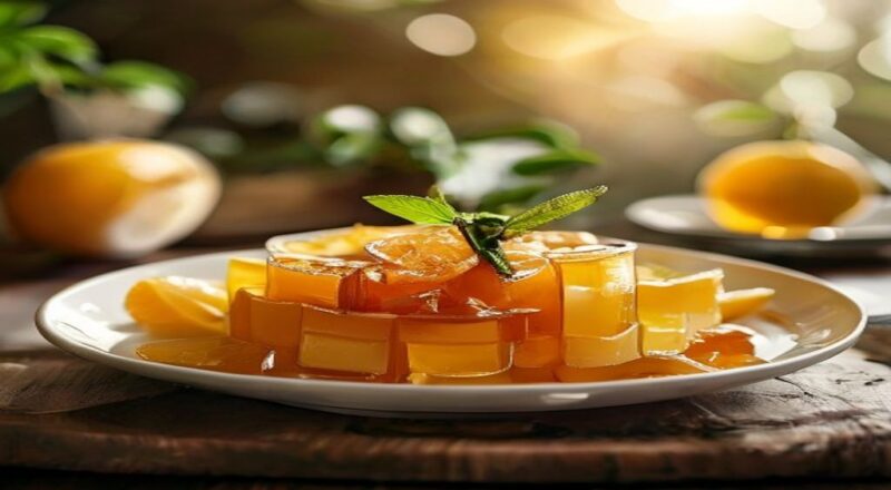 Xícara de chá dourado com rodelas de laranja, limão e mel, servida com folhas de hortelã em fundo claro e acolhedor