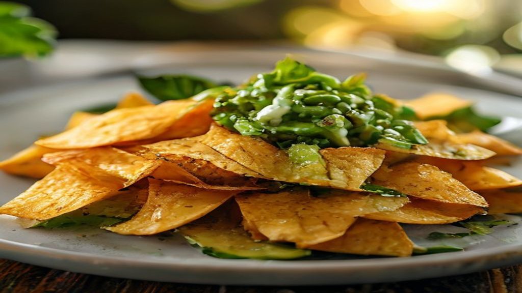 Chips de banana-da-terra com guacamole servidos em tigela, crocantes e apetitosos, perfeitos para um lanche saudável.