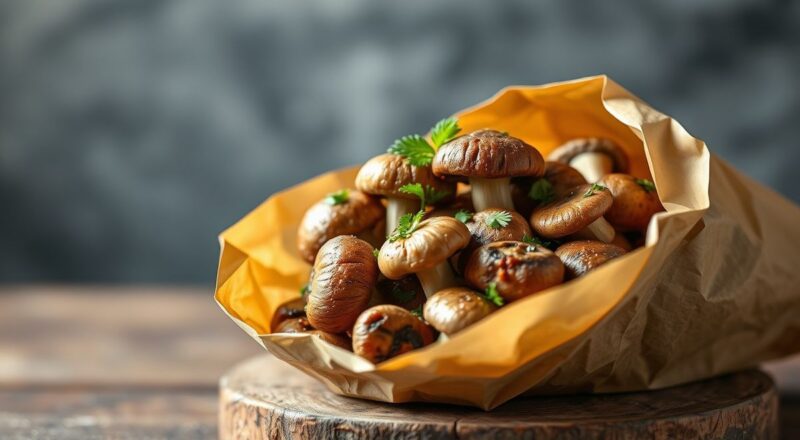 Cogumelos frescos bem armazenados em saco de papel pardo, mantidos firmes e brilhantes na geladeira
