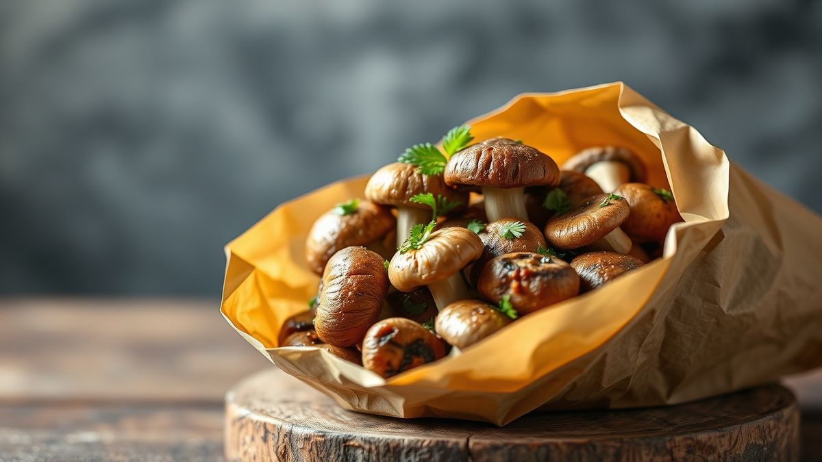 Cogumelos frescos armazenados em saco de papel pardo na geladeira, mostrando como conservar cogumelos frescos corretamente