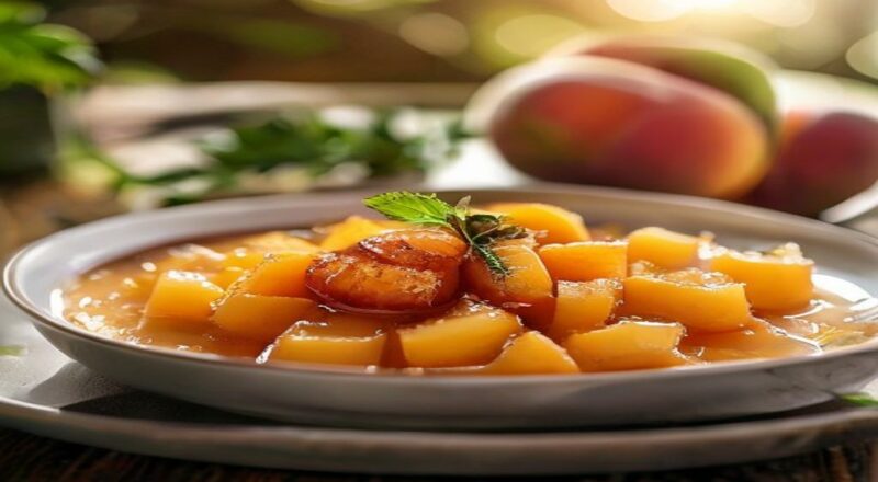 Potes de vidro com compota dourada de pêssego, dispostos em mesa rústica com frutas frescas ao redor