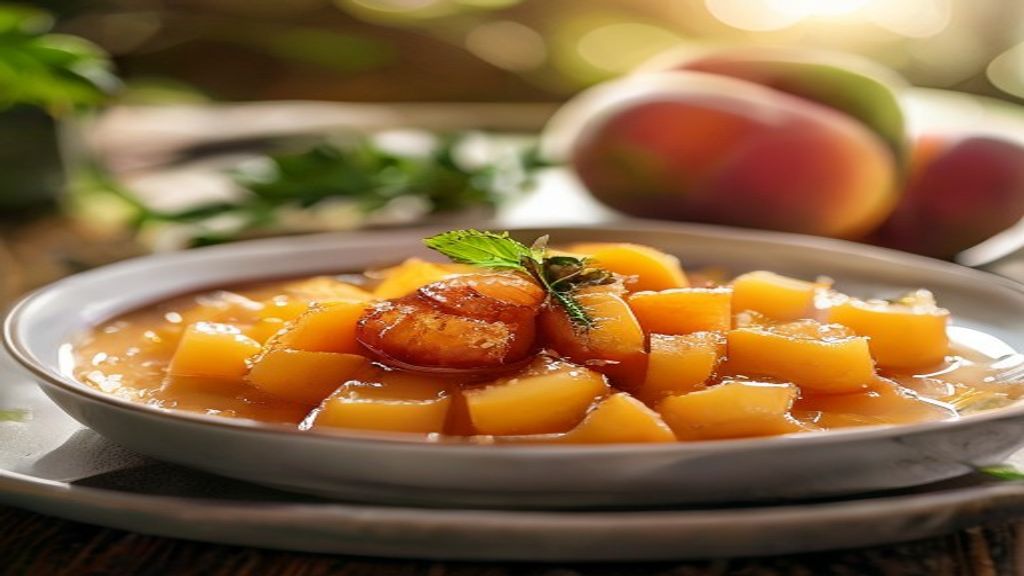 Compota de pêssego caseira servida em pote de vidro, com calda dourada e pedaços translúcidos de fruta