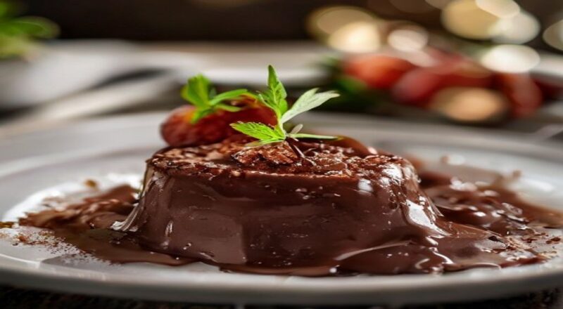 Creme de chocolate cremoso e brilhante servido em taça, decorado com raspas e frutas vermelhas