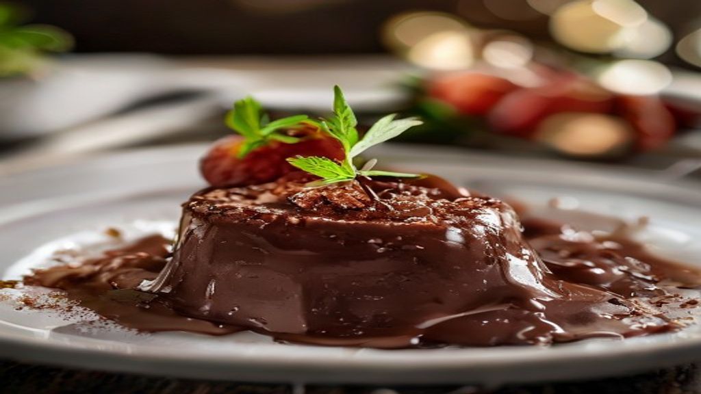 creme aveludado de chocolate servido em taça com raspas de chocolate e frutas vermelhas